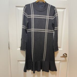 Womens Sweater Dress Size M Grey Black Ruffle Long Sleeve Tommy Hilfiger